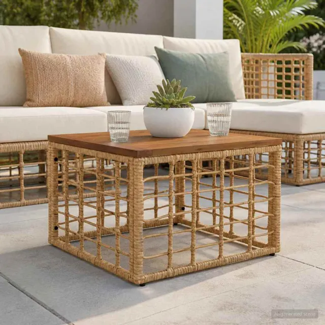 vidaXL Tuinstafel Naturel 55 x 55 x 37 cm PE Rattan en Glas, foto 2