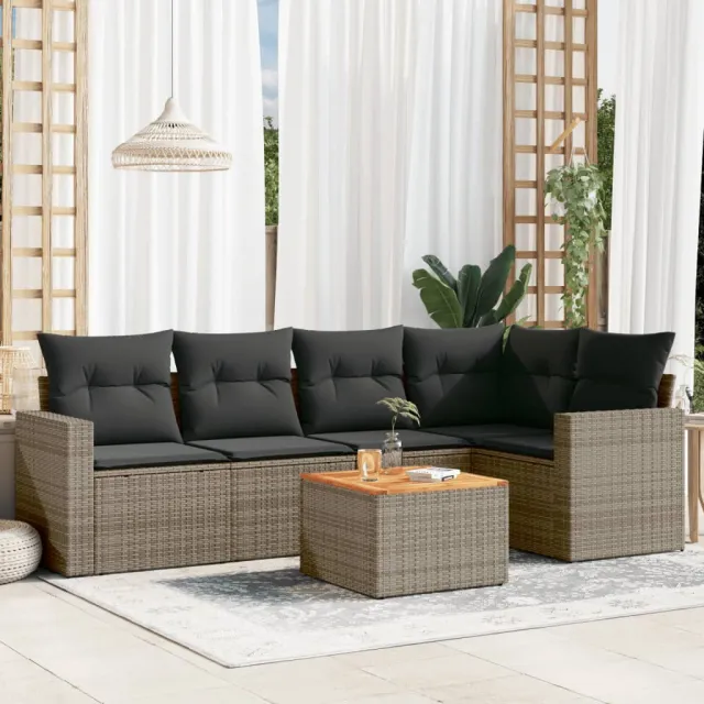 vidaXL 6-delige Loungeset met kussens poly rattan grijs, foto 2