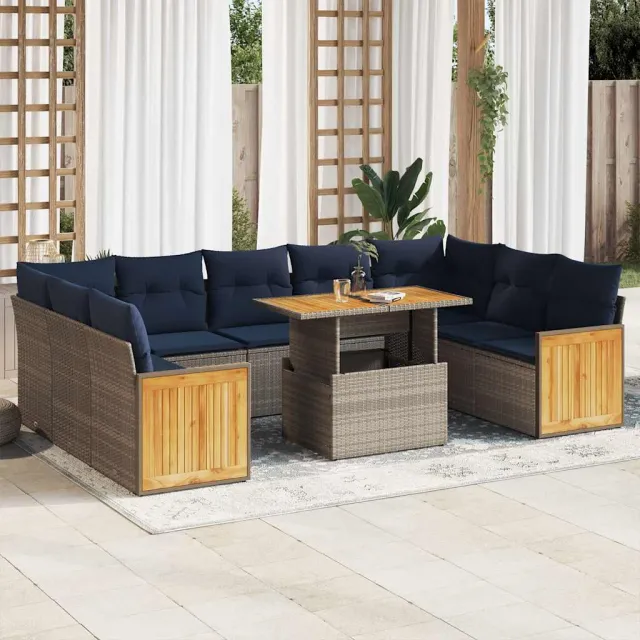 vidaXL 10-delige Loungeset met kussens poly rattan acacia grijs, foto 2