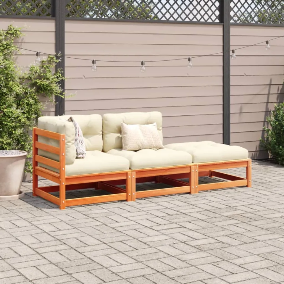 vidaXL 3-delige Loungeset met kussens massief grenenhout wasbruin bruin, foto 2