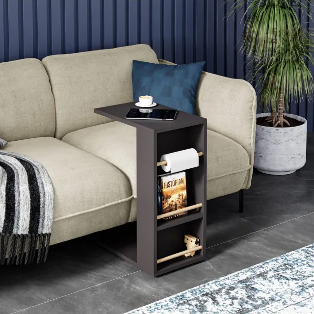 Intergas CT3-G - Bijzettafel op Wielen - Plank Salontafel - Opgerolde Handdoek Bevestigbaar - Bankstandaard - C-tafel - Nesttafel - Middentafel met Plank - Antraciet - 29 x 44 x 65 cm