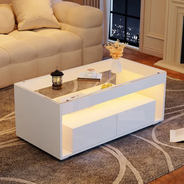 COVREO Salontafel 100x50x40 cm – wit, gehard glas, 2 lades en LED-verlichting