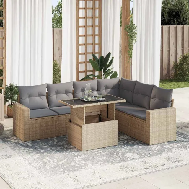 vidaXL 7-delige Loungeset met kussens poly rattan beige, foto 2