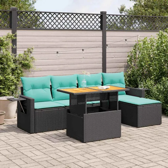 vidaXL 6-delige Loungeset met kussens poly rattan zwart, foto 2