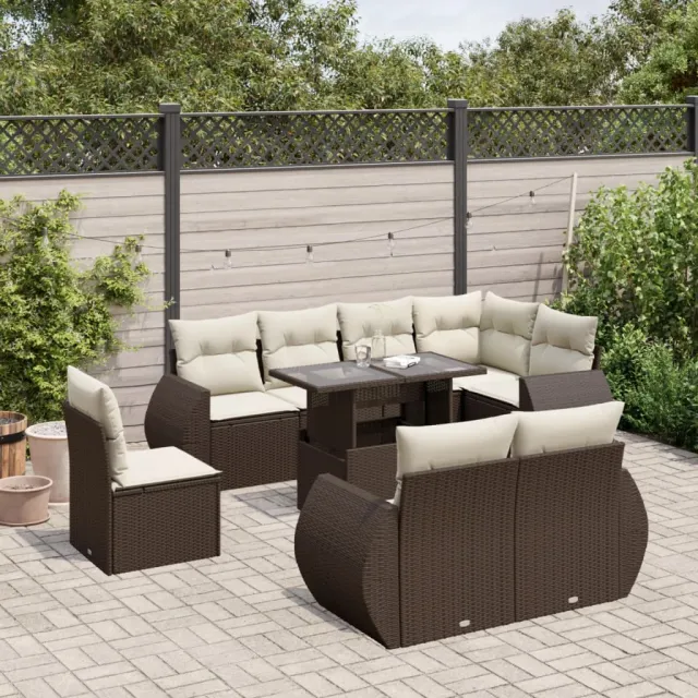 vidaXL 9-delige Loungeset met kussens poly rattan bruin, foto 2