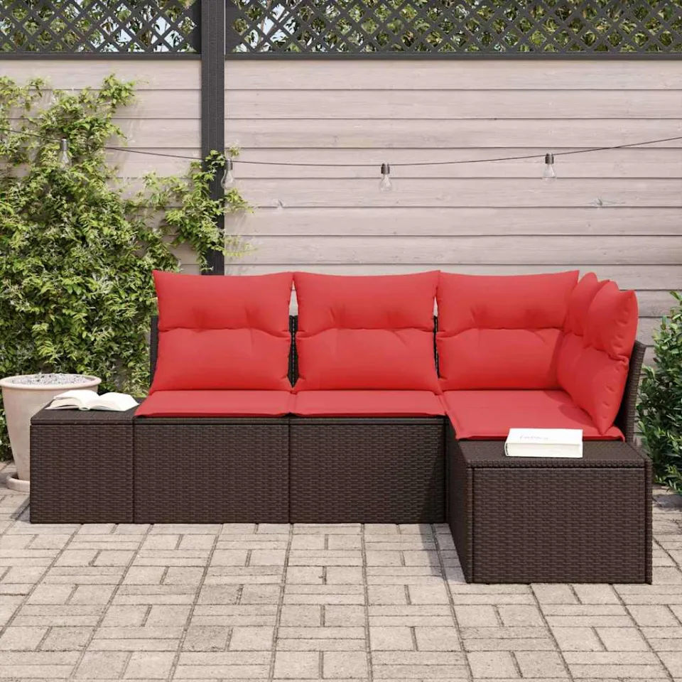 vidaXL Tuinbankenset 4 st Bruin en Rood poly rattan, foto 3
