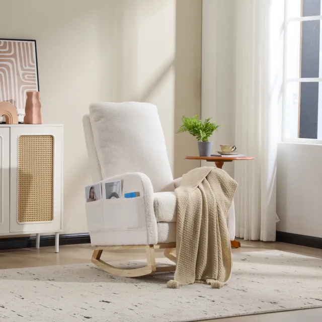 MIVRAY Schommelstoel 63 x 75 x 104 Cm - Ergonomische Hoge Rugleuning Met Zijvak - Voor Woonkamer En Babykamer - Teddy Stof Wit