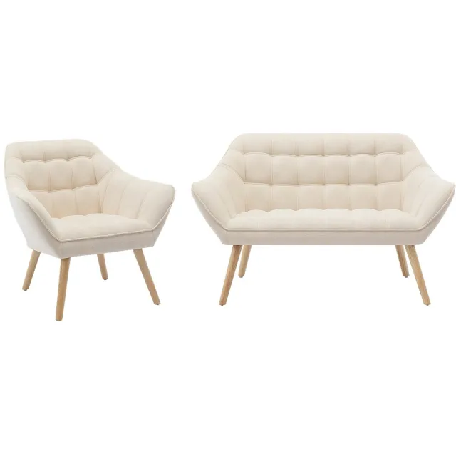 Vente-unique Tweezitsbank en fauteuil van beige stof CASERTA
