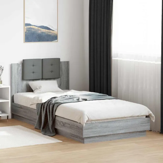 vidaXL Bedframe met hoofdeinde bewerkt hout betongrijs 100x200 cm