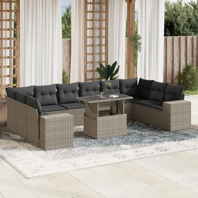 vidaXL 11-delige Loungeset met kussens poly rattan lichtgrijs grijs, foto 2