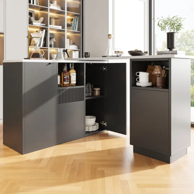 DESMIU Bartafel - 360 Graden Draaibaar Met Opbergruimte En Marmerlook Blad - Voor Keuken En Woonkamer - MDF - 210x30x100,9 Cm - Zwart