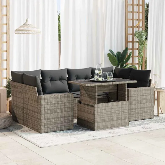 vidaXL 7-delige Loungeset met kussens poly rattan grijs, foto 2