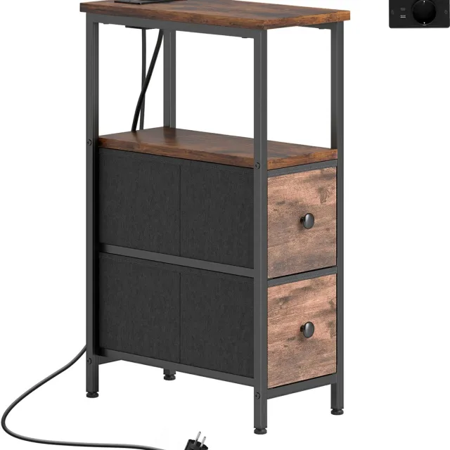 Homona Bijzettafel met oplaadstation - Met 2 stoffen lades en open vak - 20 x 40 x 63 cm - Rustiek bruin en zwart
