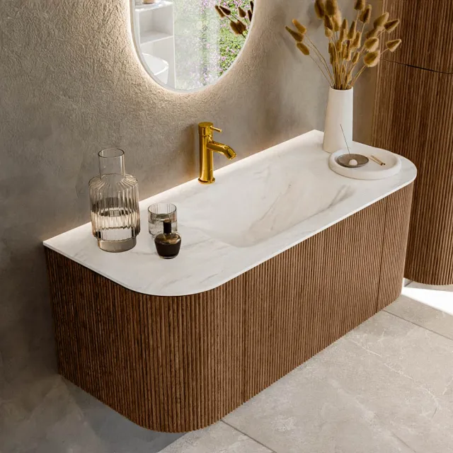 Mondiaz KURVE-DLUX 110 cm Onderkast Greeploos 1 Lade Met Deuren Walnut, Wastafel Solid Surface Midden Ostra 1 Kraangat Zonder Spiegel (KRVCLO110L+R1L2D1KM-Wal/Ost)
