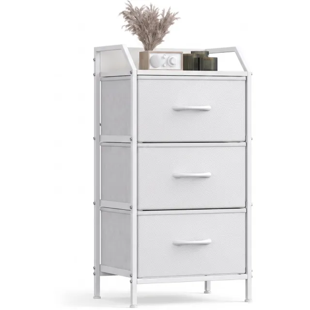 AIMASON Hoog nachtkastje wit - 3 stoffen lades met leerlookfronten - MDF-blad met opstaande rand - Verstelbare voeten - Voor slaapkamer - 40 x 30 x 78 cm
