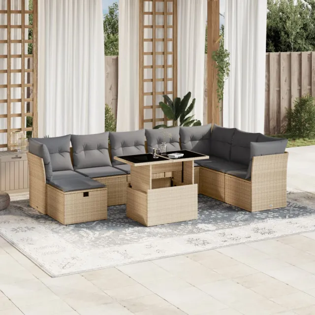 vidaXL 9-delige Loungeset met kussens poly rattan beige, foto 2