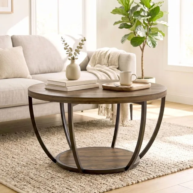 MODENUIT Salontafel - Rond Met Onderblad - Woonkamer - Spaanplaat en Metaal - Bruin en Zwart - 80x80x43,8 cm Bruin, zwart