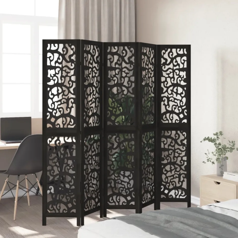 vidaXL Kamerscherm met 5 panelen massief paulowniahout zwart, foto 3