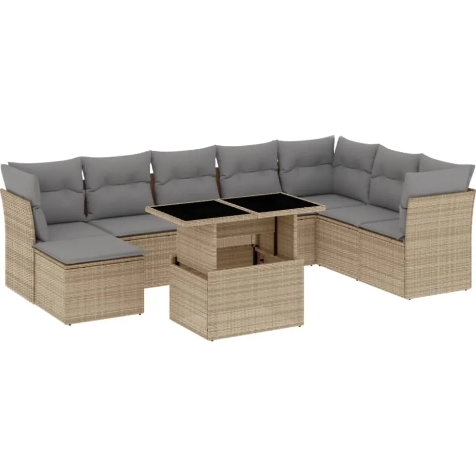 vidaXL 9-delige Loungeset met kussens poly rattan beige