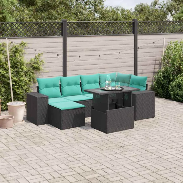 vidaXL 7-delige tuinbankset met kussens van zwart polyrotan, foto 2