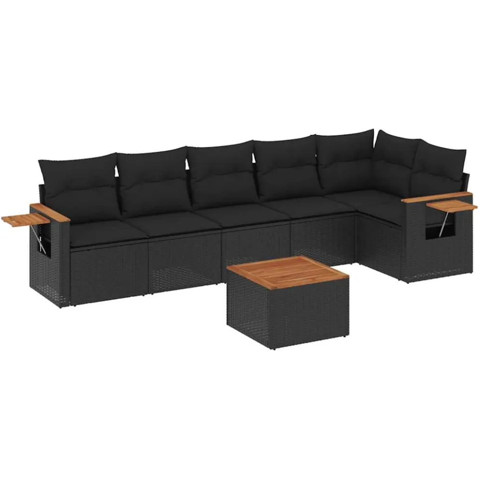 vidaXL 7-delige Loungeset met kussens poly rattan zwart