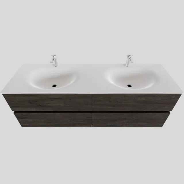 Boss & Wessing Badkamermeubel Solid Surface BWS Stockholm 150x46 cm Dubbel Wood Dark Brown 4 Laden (2 kraangaten) Houtlook