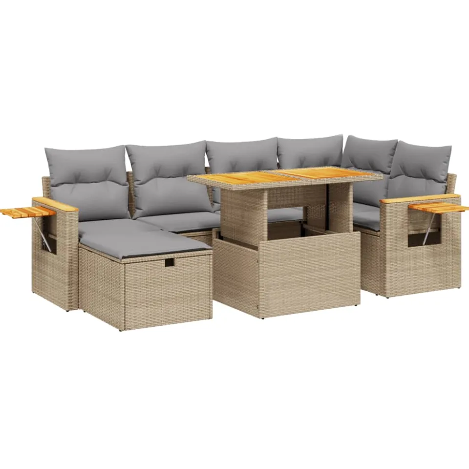 vidaXL 7-delige Loungeset met kussens poly rattan beige, foto 3