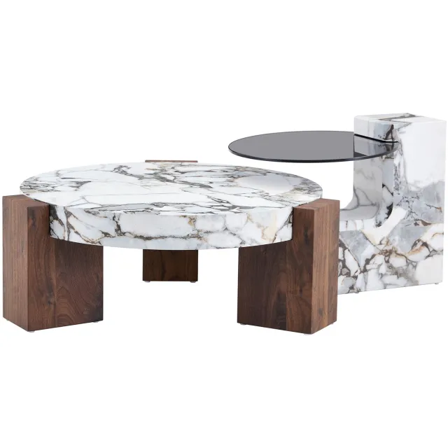 MIVRAY Ronde Bijzettafel Set - Afneembaar Ontwerp Met Marmerlook - Voor Woonkamer Slaapkamer En Balkon - MDF - 61 Cm - Wit Zwart