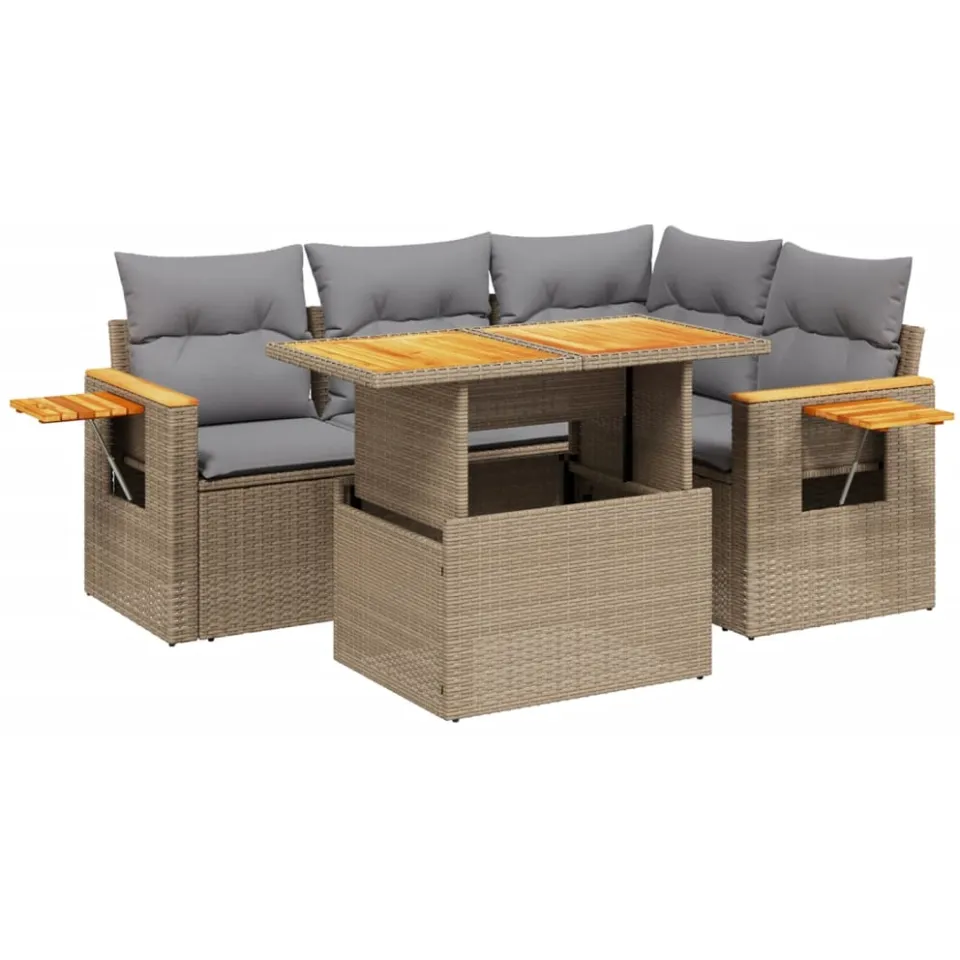 vidaXL 5-delige Loungeset met kussens poly rattan beige, foto 3