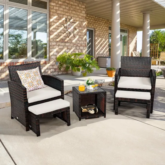 Laura Rotan Tuin Loungeset 5-Delig met Opbergruimte en Kussens – 2 Stoelen, 2 Krukken & Salontafel 59x53,5x77,5 cm / 40x40x40 cm / 49x40x28 cm – Compact Balkon & Terras Meubelset Wit – Laura