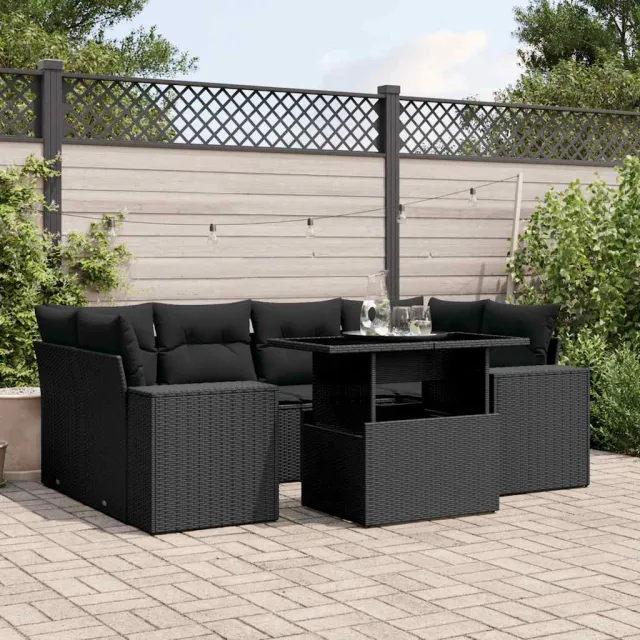 vidaXL 7-delige Loungeset met kussens poly rattan zwart, foto 2