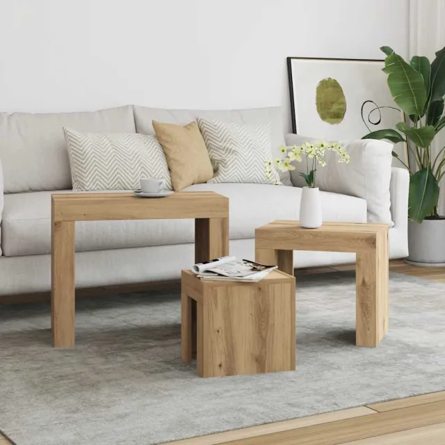 vidaXL 3-delige Tafeltjesset bewerkt hout artisanaal eikenkleurig Bruin