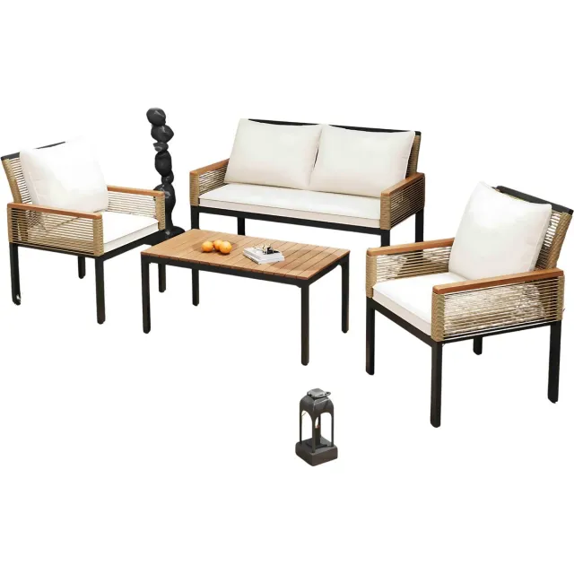 Happiq Tuinmeubelset - Loungeset - Tuinlounge - Lounge Set Met 2 Fauteuils, Dubbele Bank & Tafel - Rotan & Comfortabele Kussens Wit