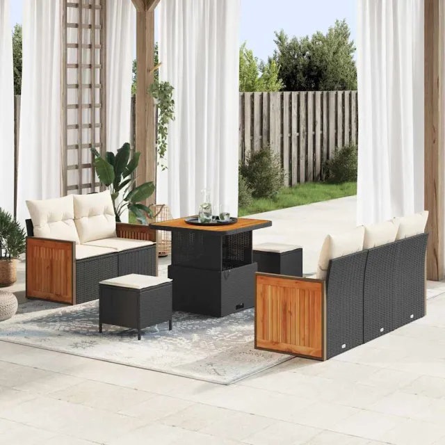 vidaXL Tuinbankenset 10 st 7-zits Zwart en Crème poly rattan