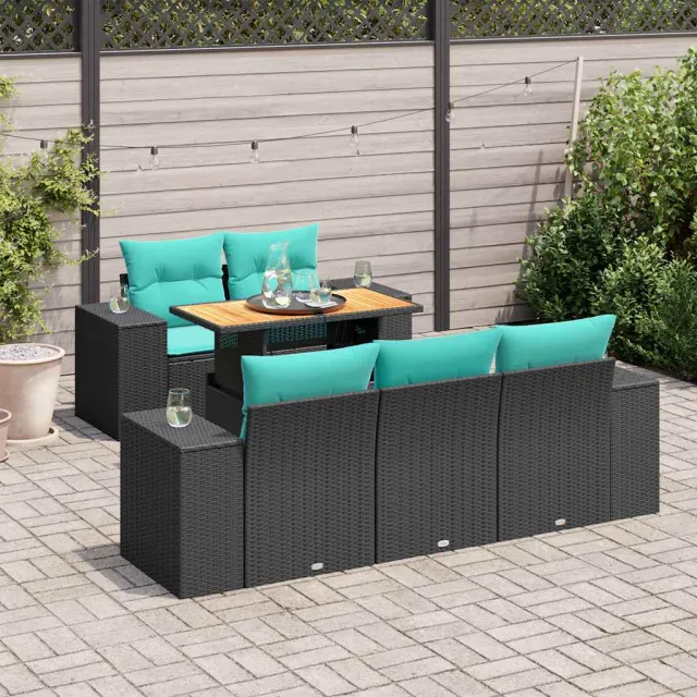 vidaXL 6-delige Loungeset met kussens poly rattan zwart, foto 2