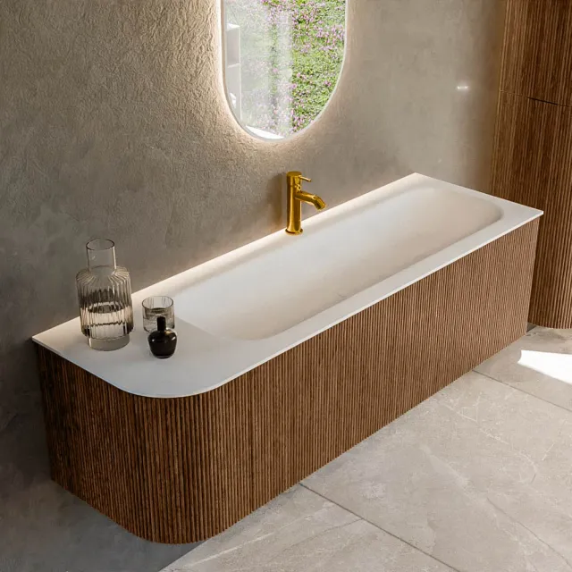 Mondiaz KURVE 145 cm Onderkast Greeploos 1 Lade Met Deuren Walnut, Wastafel Solid Surface Rechts Talc 1 Kraangat Zonder Spiegel (KRVBGL145L1L1D1KR-Wal/Tal)