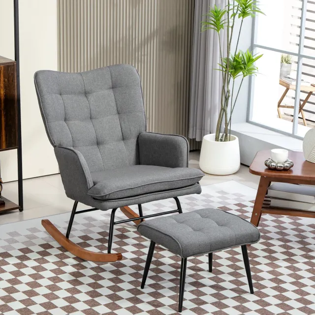 MEUNIQ schommelstoel met hocker 64 x 89 x 90 cm, fauteuil met armleuningen en hoge rugleuning, zacht gestoffeerd in polyester, voor woonkamer of leeshoek, donkergrijs Dark Gray