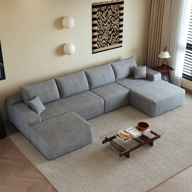 COVREO Modulaire hoekbank met chaise longue – 340x175x83 cm – L-vormige sofa met diepe zitting – 5-zits zitmeubel voor woonkamer – Grijs