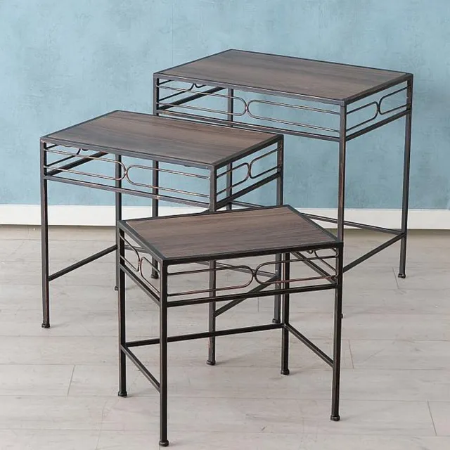 Boltze Bijzet tafel - 3 set - Smeedijzer - Spiegel- 48- 54-60 cm - zwart - bruin