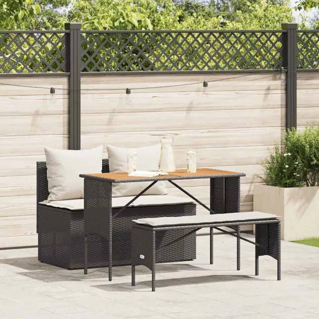 vidaXL 3-delige tuinset met kussens van zwart polyrotan
