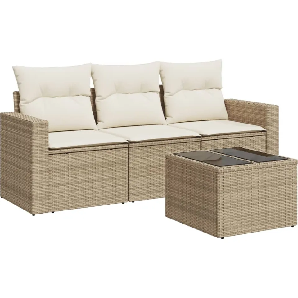 vidaXL 4-delige Loungeset met kussens poly rattan beige