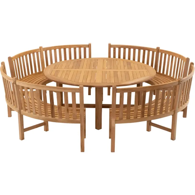 Lesliliving Tafel teak ø180 met 4x ronde parkbank Bruin