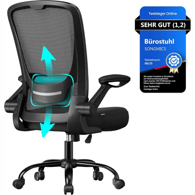 Songmics OBN37BK Bureaustoel, draaistoel met mesh bekleding, ergonomisch, gewatteerde lendensteun, schommelfunctie, zithoogte 53 cm, inklapbare armleuningen, zwart