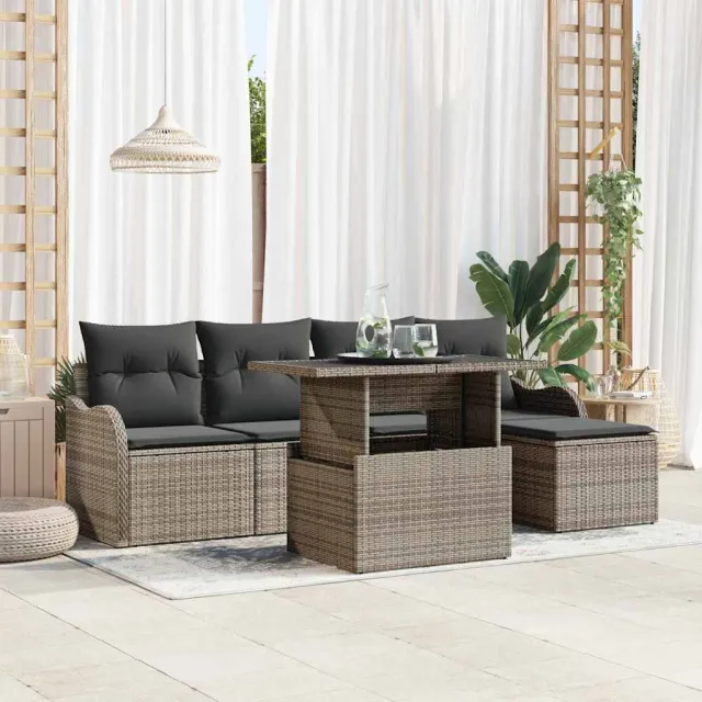 vidaXL Tuinbankenset 6 st Grijs en Marineblauw poly rattan, foto 2