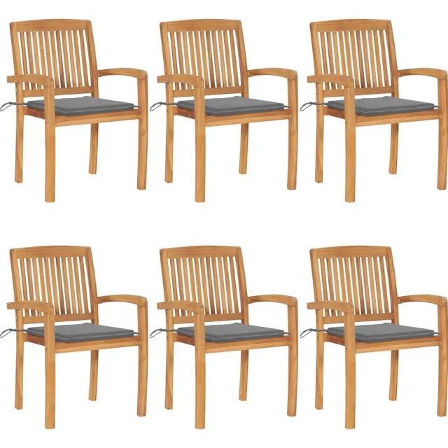 vidaXL Tuinstoelen stapelbaar 6 st met kussens massief teakhout Grijs