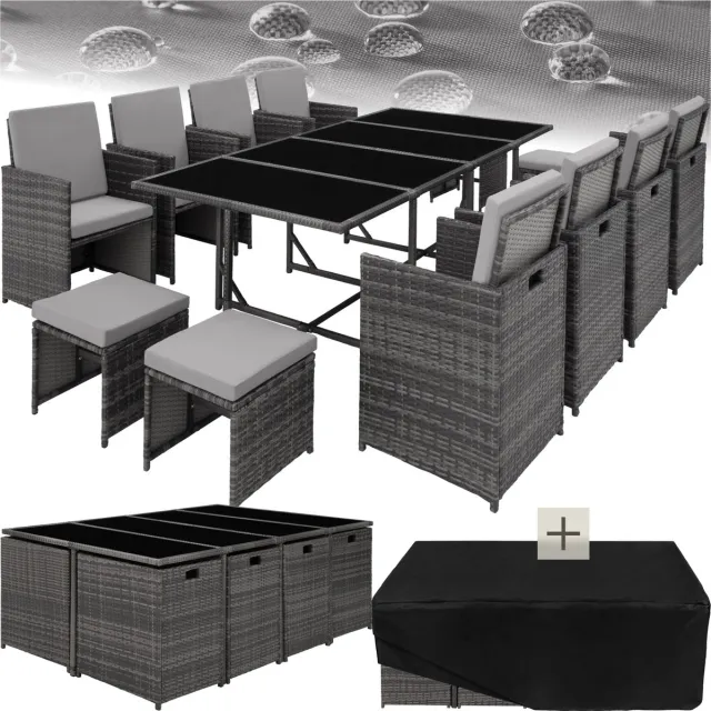 Tectake Wicker Loungeset - Weerbestendige Polyrotan Tuinset voor 12 Personen - 8 Tuinstoelen, 4 Krukken, 1 Tuintafel - Incl. Beschermhoes en 20 Kussens - Voor Tuin, Balkon, Terras - Ruimtebesparend op te bergen - Grijs/Lichtgrijs