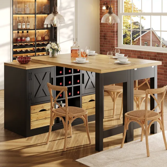 REDOM Uitschuifbare eettafel met sideboard - 360° draaibaar tafelblad - Lade en wijnflessenhouder - MDF - Zwart - 120-197 x 40 x 72 cm