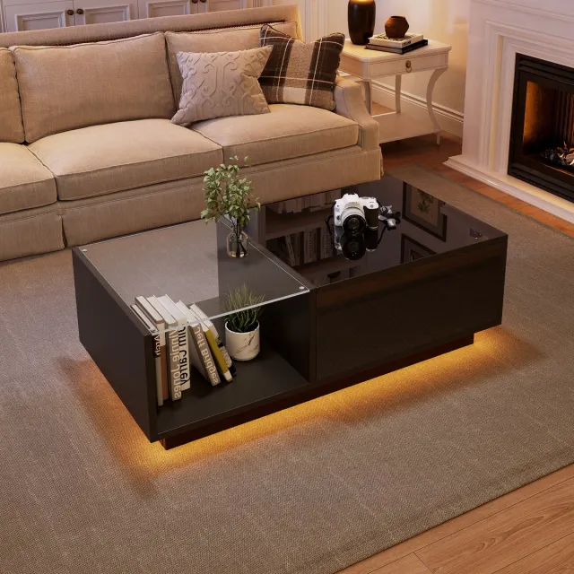 Wishdor Salontafel - Opklapbaar Blad En Ledverlichting - Modern - Voor Woonkamer - Spaanplaat - Zwart - 100 X 50 X 33 Cm