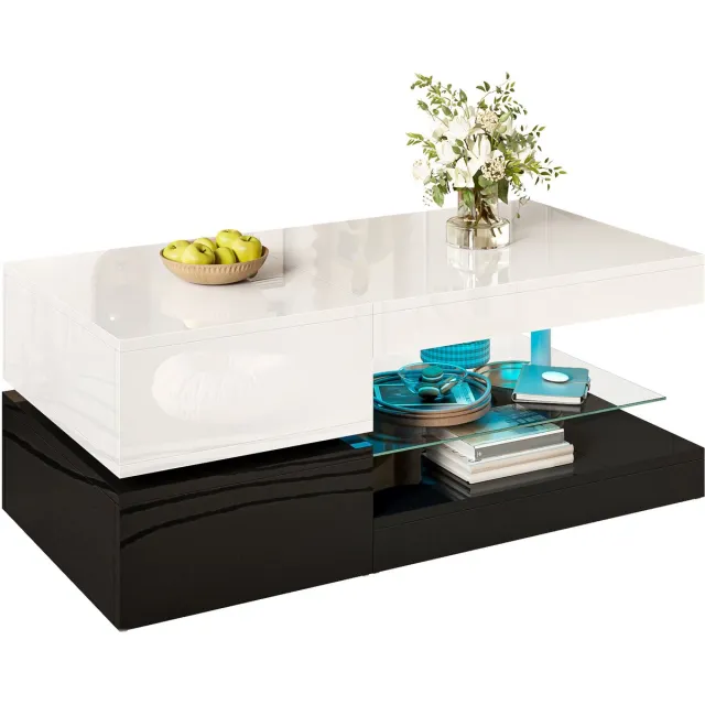 Clruro Salontafel - 90x45x35.5 cm - LED Met App En Bluetooth Glasplank Hoogglans Design - MDF - Zwart Wit Zwart, wit