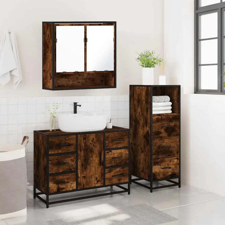 vidaXL 3-delige Badkamermeubelset bewerkt hout gerookt eikenkleurig, foto 4